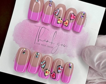 Uñas postizas para San Valentín/Uñas con forma de corazón de caramelo/Uñas con forma de amor/Uñas postizas/Uñas postizas personalizadas/Uñas de San Valentín/Uñas rosas/rojas/Uñas de febrero/Uñas de cristal