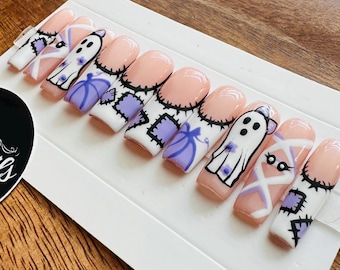 Uñas postizas de fantasma/Uñas de fantasma/Uñas otoñales/Uñas de momia/Uñas góticas/Uñas pintadas a mano/Halloween/Uñas de calabaza/Morado/Blanco