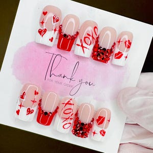 Valentines Day Nails/Press On Nails/Heart Nails/Lip Nails/XoXo/Red/White/Crystal Nails/Vday Nails/Rhinestones/Glitter/French Nails/Love Nail