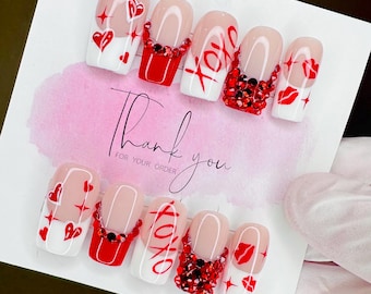 Valentines Day Press On Nails: Red Crystal Heart & Lip Design