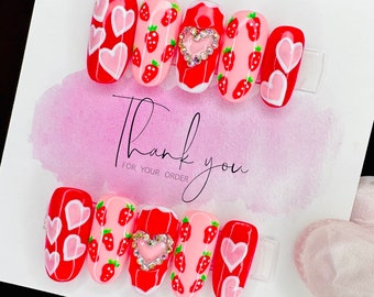 Summer Strawberry Press On Nails | Fruit Nails | Hand Painted Nails | Summer Nails | Girly Nails | Crystal Nails | Heart Nails
