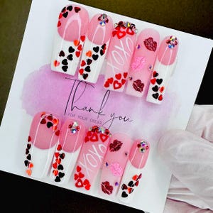 Valentines Day Nails/Press On Nails/Heart Nails/Lip Nails/XoXo/Red/White/Crystal Nails/Vday Nails/Rhinestones/Glitter/French Nails/Love Nail