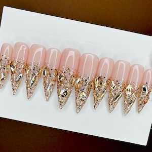 Gold Crystal Press On Nails: Embellished Bling Stiletto Nails/Fall Nails/New Years/Birthday Nails/Gold Glitter/Trendy Nails/Bling Nails