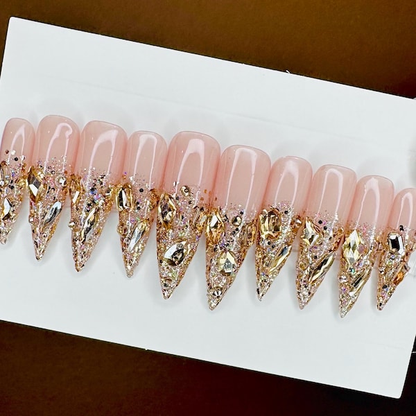 Gold Crystal Press On Nails: Embellished Bling Stiletto Nails/Fall Nails/New Years/Birthday Nails/Gold Glitter/Trendy Nails/Bling Nails