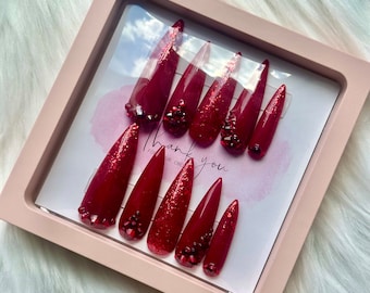 Ruby Red Nails | Crystal Nails | Red Nails | Luxury Nails | Press On Nails | Press Ons | Trendy Nails/Holiday Nails/Xmas Nails