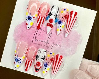3D Spooky Summer Circus Clown Nail Art | Circus Clown | Press On Nails | Spooky Nails | Fall Nails | Summer Nails | Clown Nails