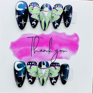 Moth Nails/Spooky Nails/Death Moth/Luna Moth/Halloween Nails/Fall Nails/Moon/Stars/Press On Nails/Cat Eye Nails/Goth Nails/Fairy Nails
