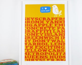 I Love New York - limited edition hand printed screen print - Free world wide shipping!