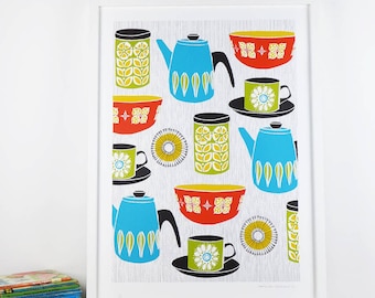 Retro Kitchen - limited edition hand printed screen print - Free world wide shipping!