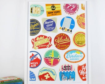 Retro luggage labels Screenprint - limited edition hand printed screen print - Free worldwide postage