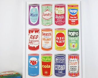 Retro Soda Cans - limited edition hand printed screen print - Free world wide shipping!