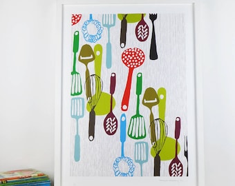 Kitchen utensils - limited edition hand printed screen print - Free world wide shipping!