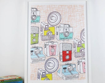 Retro Camera - limited edition hand printed screen print - Free world wide shipping!