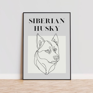 Impresión de arte lineal de husky siberiano: arte de pared minimalista con perros, póster con boceto de husky, enmarcado o sin marco, regalo para amantes de los perros/decoración vintage para el hogar