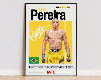 Może przedstawiać: Żółto-czarny plakat z fotografią Alexa Pereiry, zawodnika mieszanych sztuk walki. Plakat zawiera napis "Alex Pereira" dużymi czarnymi literami i "UFC" mniejszymi czarnymi literami. Plakat zawiera również flagę Brazylii i statystyki dotyczące kariery walki Pereiry.