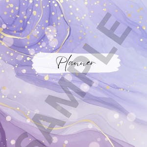 May include: A planner with a watercolor design in shades of purple and lavender, accented with gold foil details. The word "Planner" is written in cursive on a white banner. The word "SAMPLE" is printed in a large, gray font.