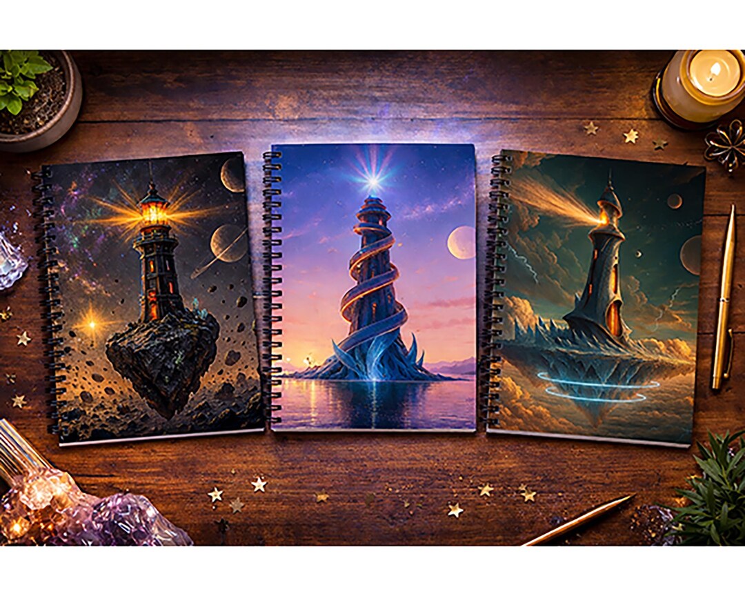 Interstellar Notebook Interstellar Lighthouse Spiral Notebook | Cosmic Fantasy Art Journal ...