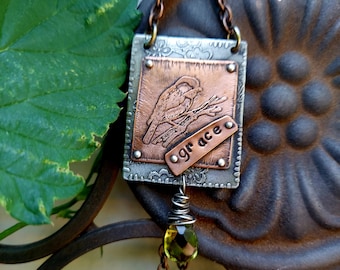 Etched copper and silver bird necklace