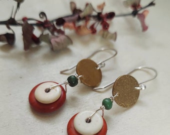 Red Cocoa Shell and Brass Earrings