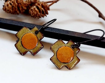 Enamel Cross Earrings/ Green and Gold Enamel Earrings