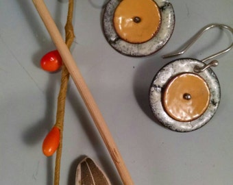 Pumpkin and Cream torch fired enamel earrings