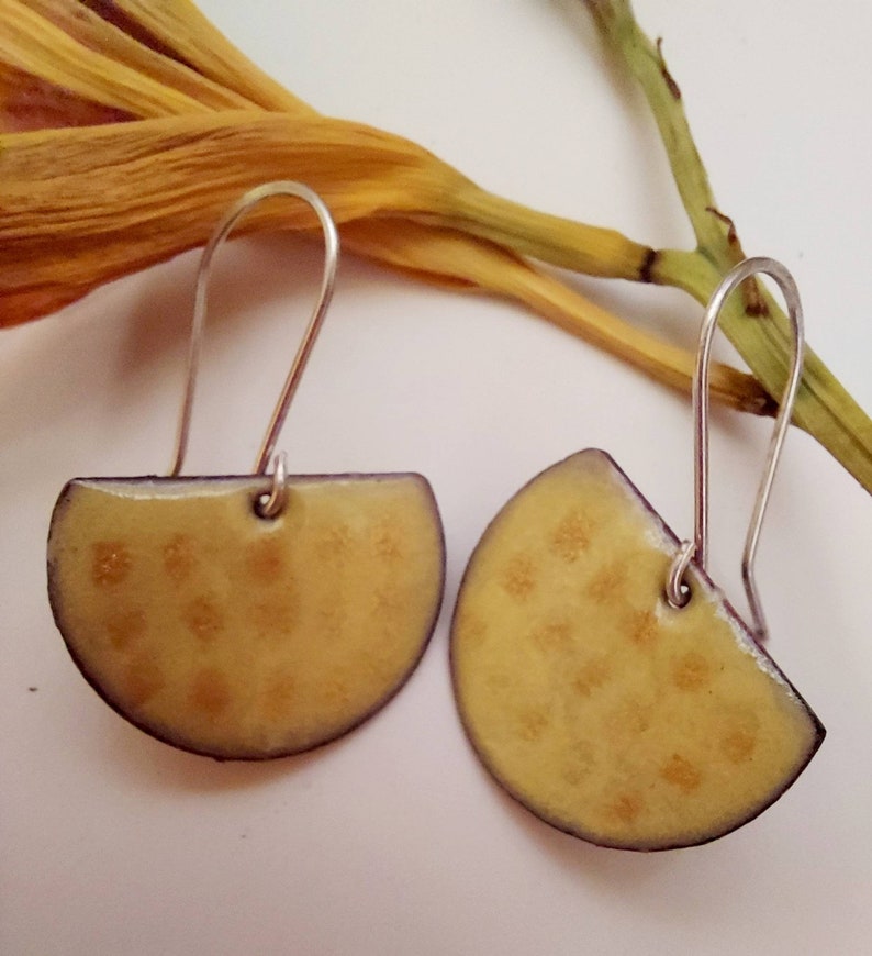 Yellow Enamel Earrings/ Poka Dot Earrings/ Enamel Drop Earrings image 1