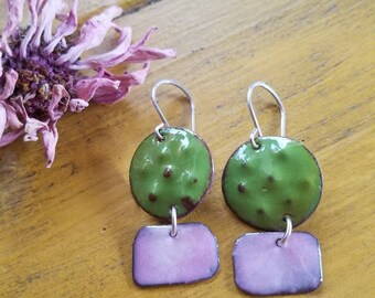 Enamel pink and green earrings /Enamel earring