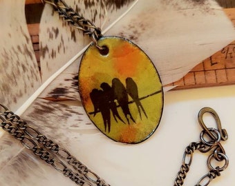 Bird on a Wire Necklace/ Bird Enamel Pendant/ Bird Jewelry