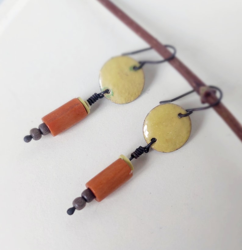 Yellow Enamel Dangle Earrings image 2