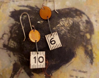 Vintage Wooden Ruler and Gold Enamel Earrings