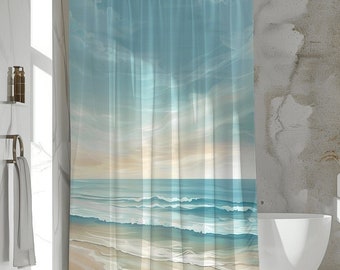 Cortina de ducha costera abstracta de color verde azulado suave, playa de arena, azul océano, decoración tropical, diseño único, regalos de la casa