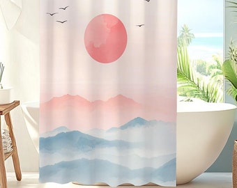 Cortina de ducha con puesta de sol en la montaña, estilo japonés, decoración de baño con acuarela, arte casero con paisajes naturales, cortina de baño estilo boho