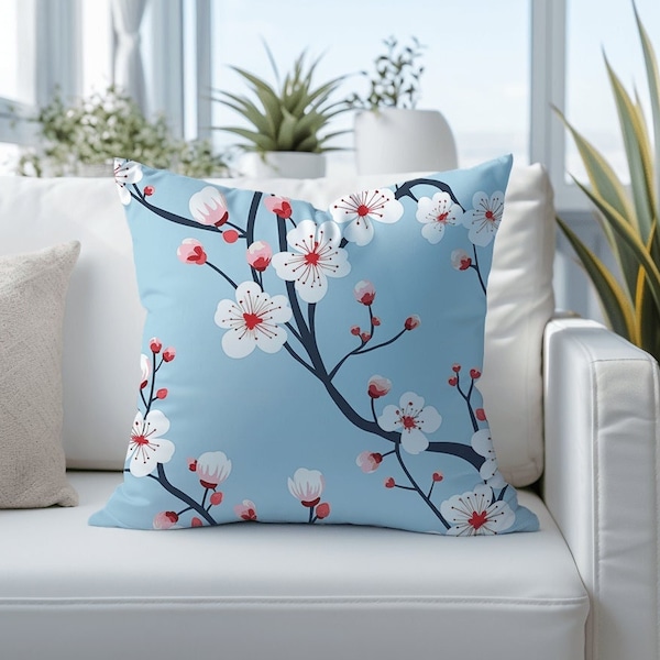 Cherry Blossoms Baby Blue Throw Pillow, Floral Cushion for Sofa, Decorative Pillow, Housewarming Gift, Home Decor