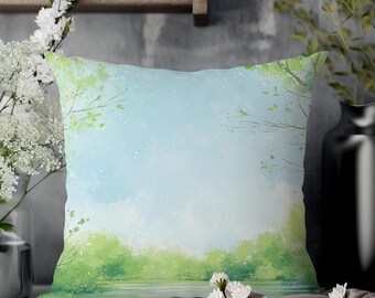 Almohada decorativa con vista al lago en tonos pastel suaves, árboles de color verde claro y agua azul suave, escena de naturaleza pacífica para una decoración del hogar tranquila