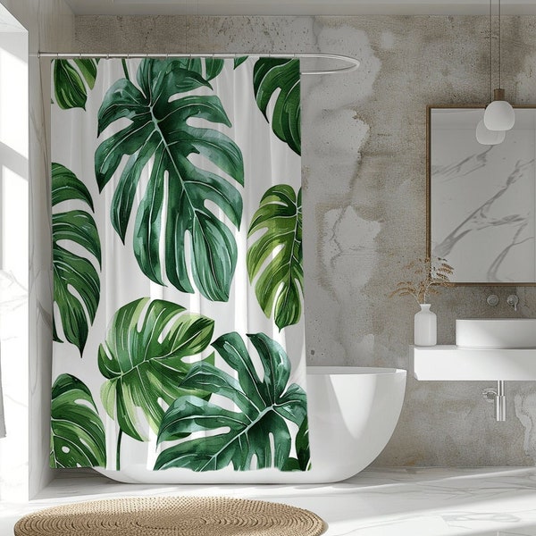 Monstera Deliciosa Shower Curtain, Boho Watercolor Leaves, Green Tropical Leaf, Plant Lovers, Bath Decor Gifts