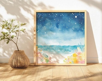Impresión de arte de pared con un horizonte costero tranquilo, impresión de acuarela abstracta, océano azul y verde, arte de casa de playa, decoración de pared cuadrada
