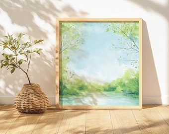 Impresión de arte de pared con vista al lago en tonos pastel suaves, arte de lago y árboles, paisaje natural sereno, aguas tranquilas, cielos suaves, decoración de pared