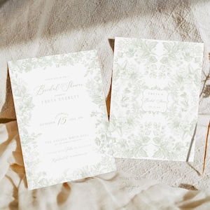 Elegant Floral Bridal Shower Invitation, Olive Floral Toile de Jouy Invite, Vintage Garden Party, Green Wedding Shower Printable | OTDJ01