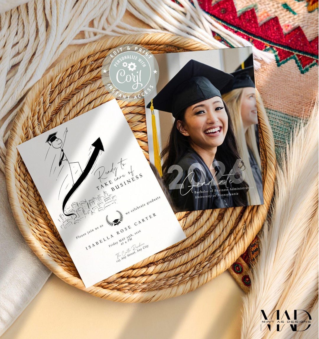 Fun Business Graduation Invitation 2026, Editable BBA MBA Grad Party ...