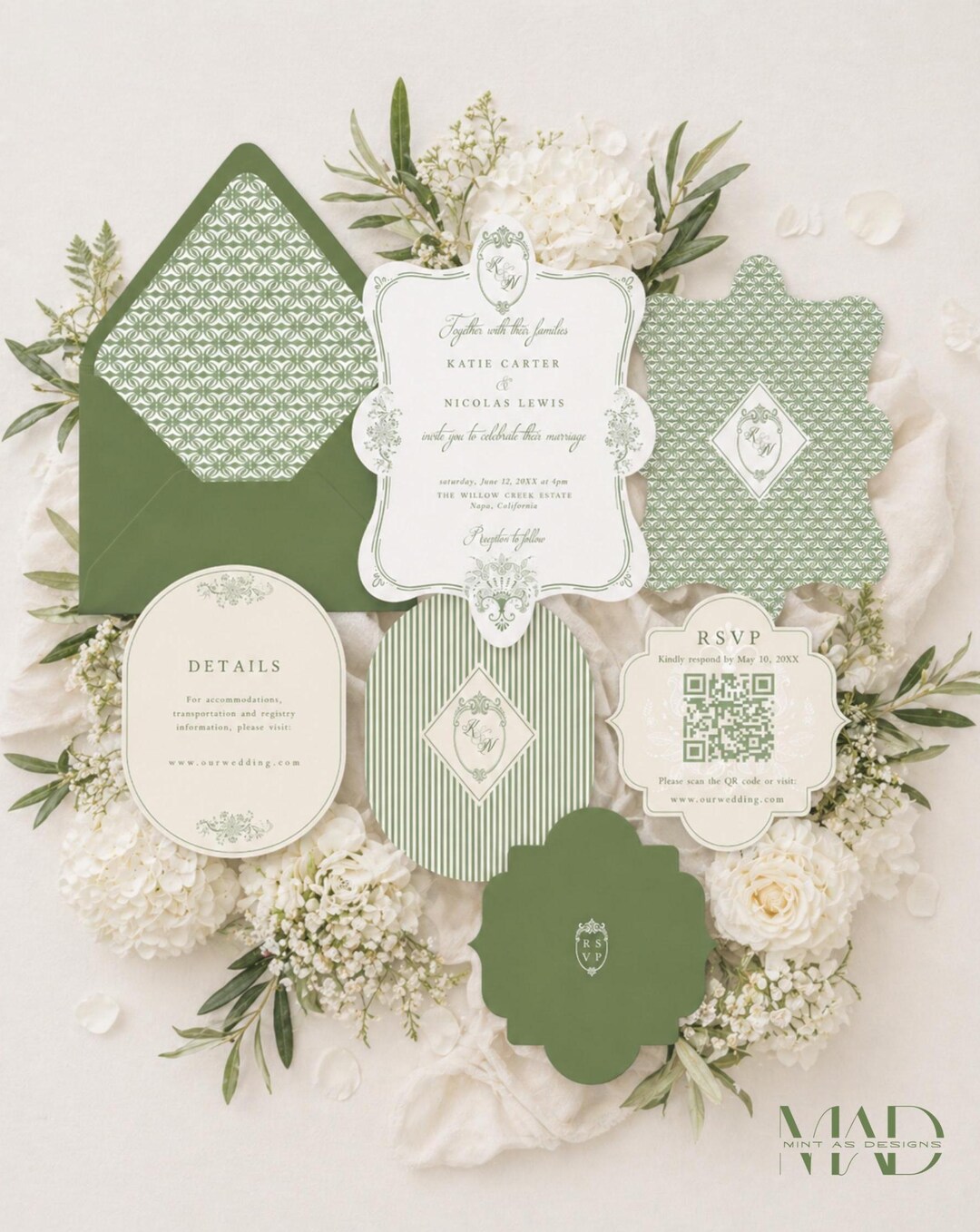 Sage Green Wedding Invitation Suite Template | Vintage Botanical ...