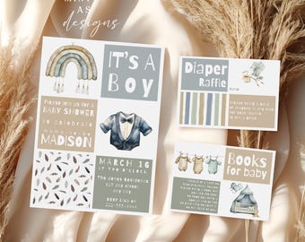 Baby Boy Shower Invitation Set Template, Neutral Baby Shower Invite, Rainbow Baby Shower, Diaper Raffle & Books for Baby, Editable Canva