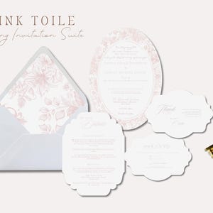 Oval Pink Toile Wedding Invitation Suite, Vintage Wedding Invite, Floral Chinoiserie Blush Wedding Invitations, Garden Wedding | PTDJ01