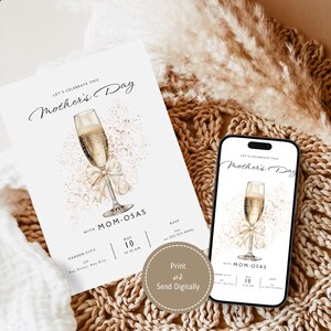 Invito per la festa della mamma Mom-osa / Invito per il brunch con mimosa in oro rosa / Modello elegante e minimale per una festa con champagne / Biglietto modificabile per la festa della mamma