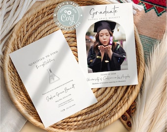 Afstudeeruitnodiging scheikunde, Science Grad Party Invite, BSc Graduate aankondiging, Chemie Major Degree bewerkbare kaart STEM-viering