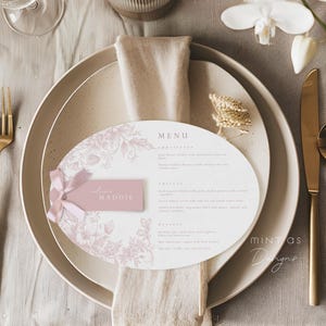 Cardápio e cartão de lugar para casamento rosa-poeira | Modelo de toalha oval | Recepção de jantar editável | Conjunto de mesa para impressão | Design de inspiração francesa