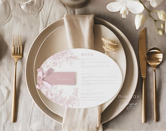 Dusty Pink Wedding Menu & Place Card | Oval Toile Template | Editable Dinner Reception | Printable Table Setting | French-Inspired Design