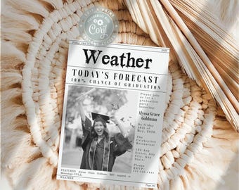 Meteorologie afstudeeruitnodiging, weerthema afstudeerfeest, krant stijl afstudeerder uitnodigen, BSc afstudeeraankondiging, afdrukbare afstudeerkaart