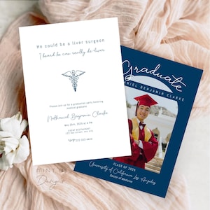 Invitación de graduación de medicina, invitación a la fiesta de graduación de cirujanos, celebración médica, ceremonia de bata blanca, tarjeta imprimible de graduación de medicina