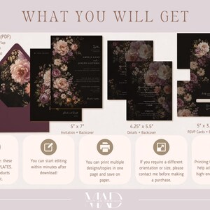 K&ouml;nnte beinhalten: Digitale Vorlagen f&uuml;r Hochzeitspapeterie mit floralen Designs in Rosa, Lila und Creme auf schwarzem Hintergrund. Enth&auml;lt Einladungs-, RSVP- und Detailkarten sowie Kuverttaschen. Der Text "WHAT YOU WILL GET" steht oben. Die Einladung ist 12,7 cm x 17,8 cm gro&szlig;.