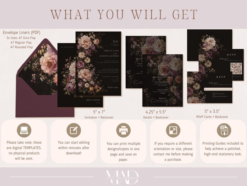 K&ouml;nnte beinhalten: Digitale Vorlagen f&uuml;r Hochzeitspapeterie mit floralen Designs in Rosa, Lila und Creme auf schwarzem Hintergrund. Enth&auml;lt Einladungs-, RSVP- und Detailkarten sowie Kuverttaschen. Der Text "WHAT YOU WILL GET" steht oben. Die Einladung ist 12,7 cm x 17,8 cm gro&szlig;.